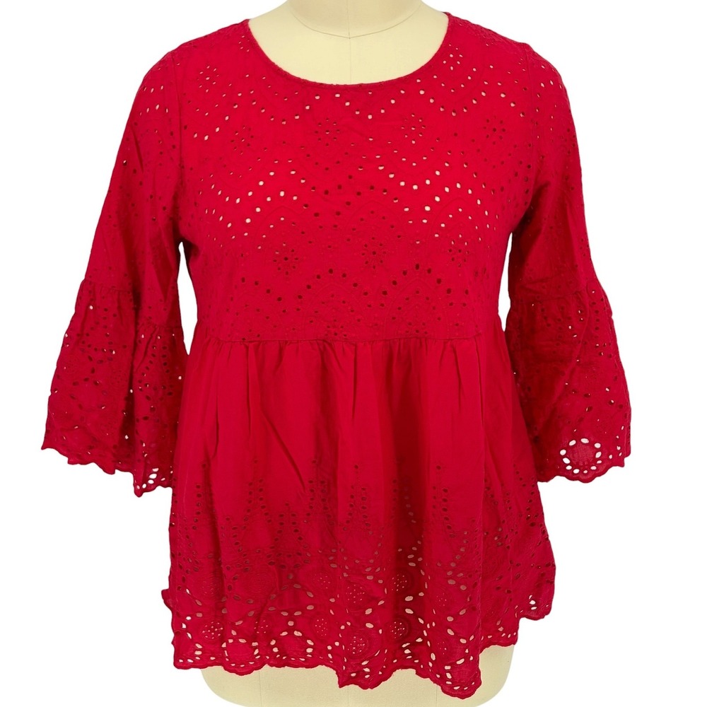CALSTYLE Eyelet Babydoll Top Red Bell Sleeve 100% Cotton XL
